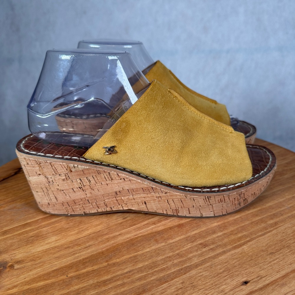 Sam Edelman Ranger Wedge Sandals Womens 9 Yellow Good Suede Cork Platform Mules - Picture 5 of 15
